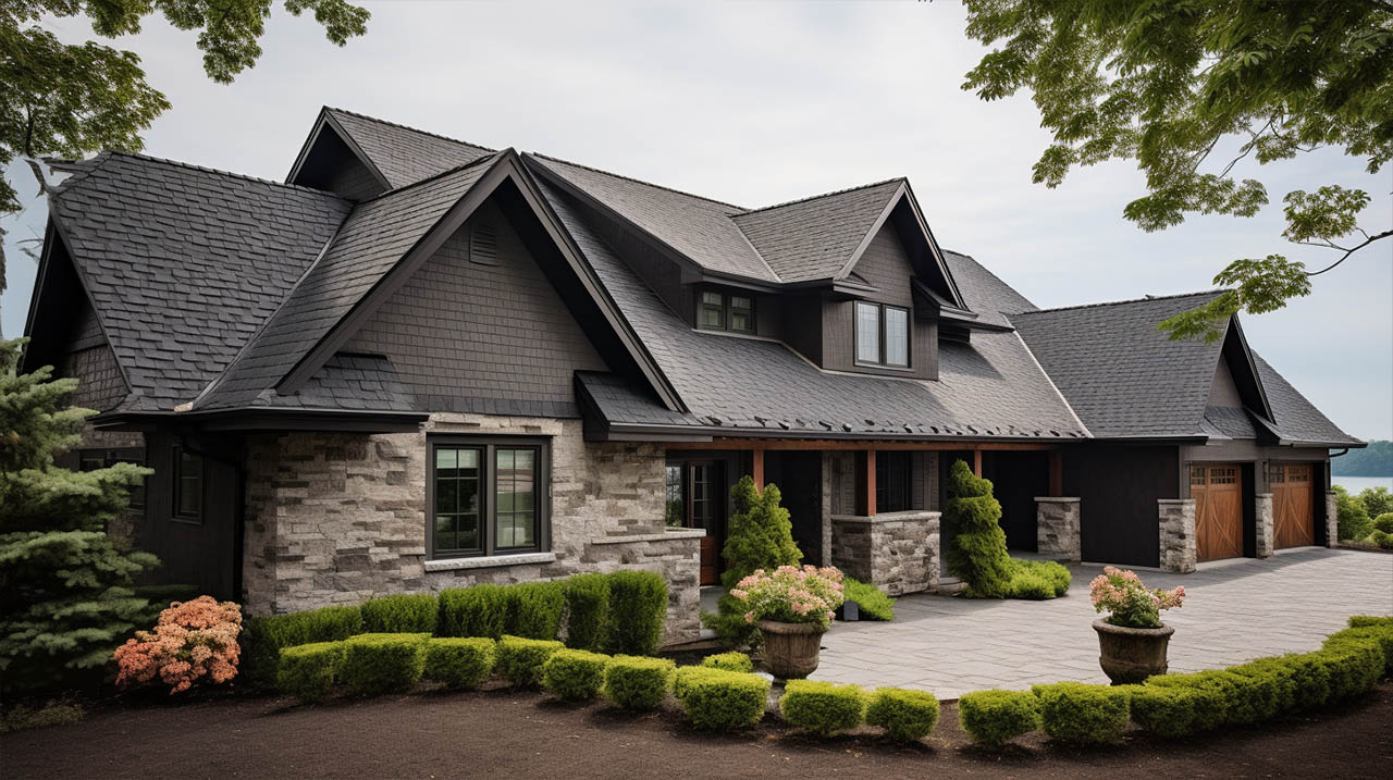 The exterior of a home with black siding and landscaping.