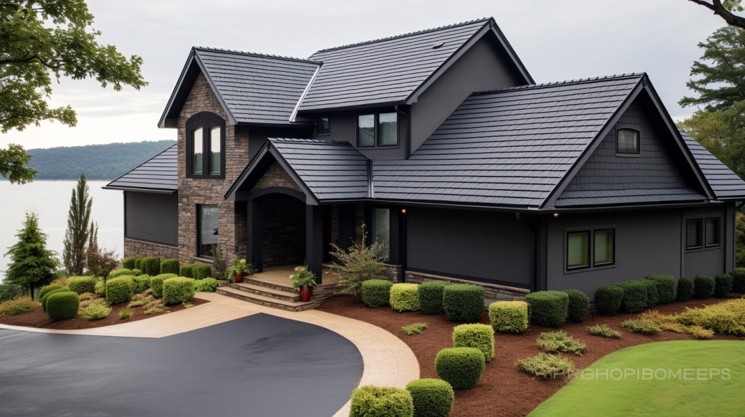 A black home with a driveway and landscaping.