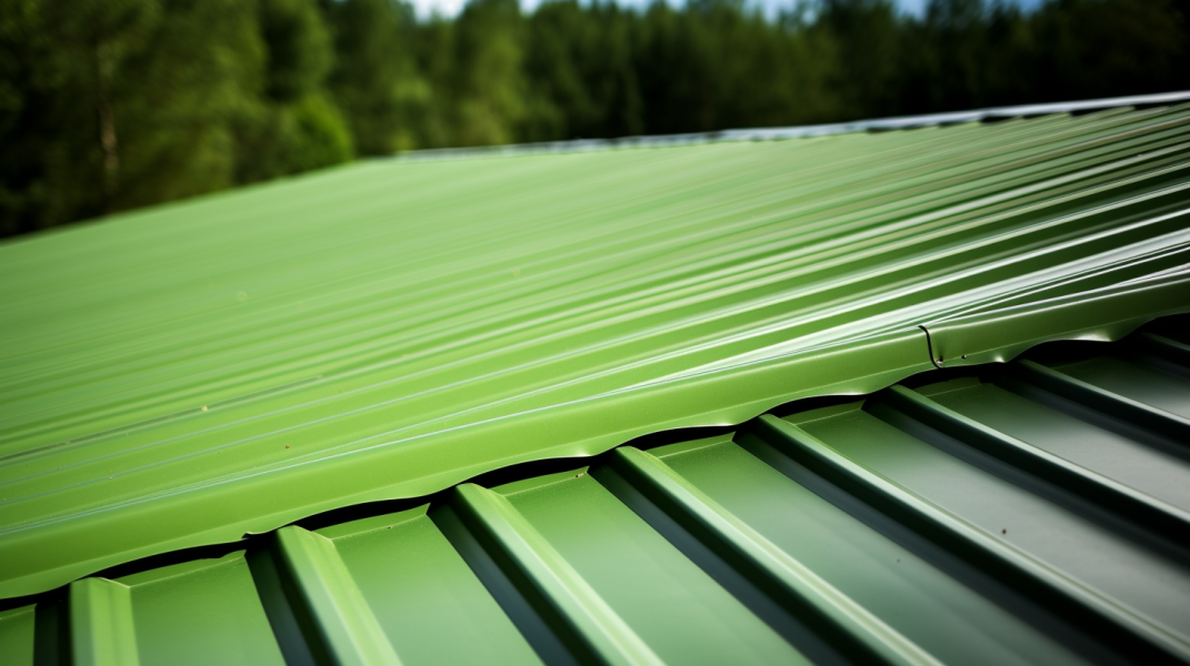A green corrugated metal roof with trees in the background.