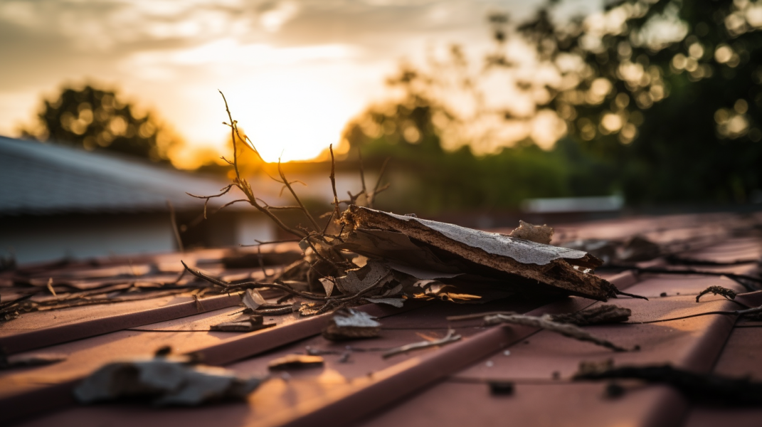 A metal roof with leaves on it at sunset.