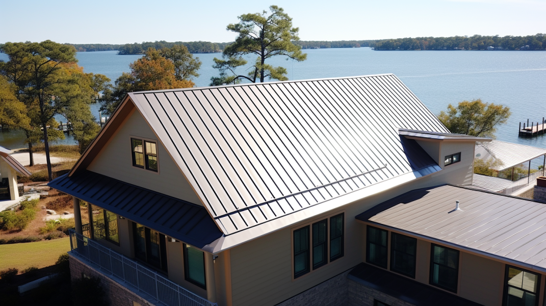 An aerial view of a home with a metal roof.