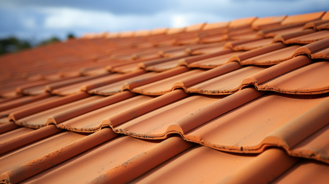 A close up of an orange tiled roof.