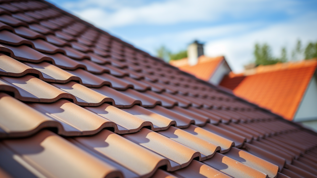 A close up of a roof with red tiles.