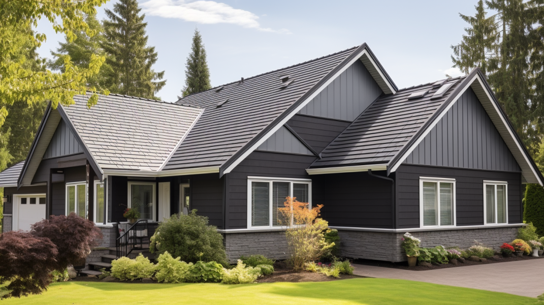 The exterior of a home with black siding and a black roof.