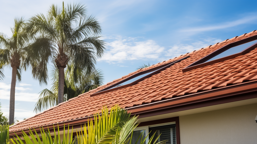 A house with a tile roof and palm trees.