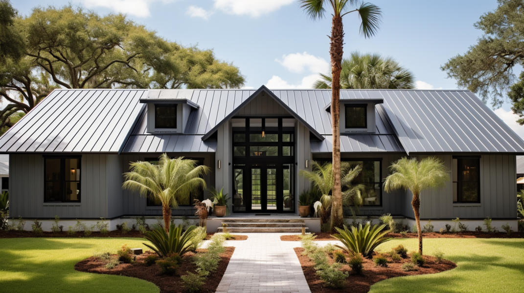 A home with a metal roof and palm trees.