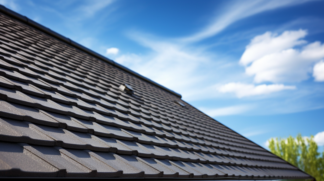 An image of a roof with a black tiled roof.