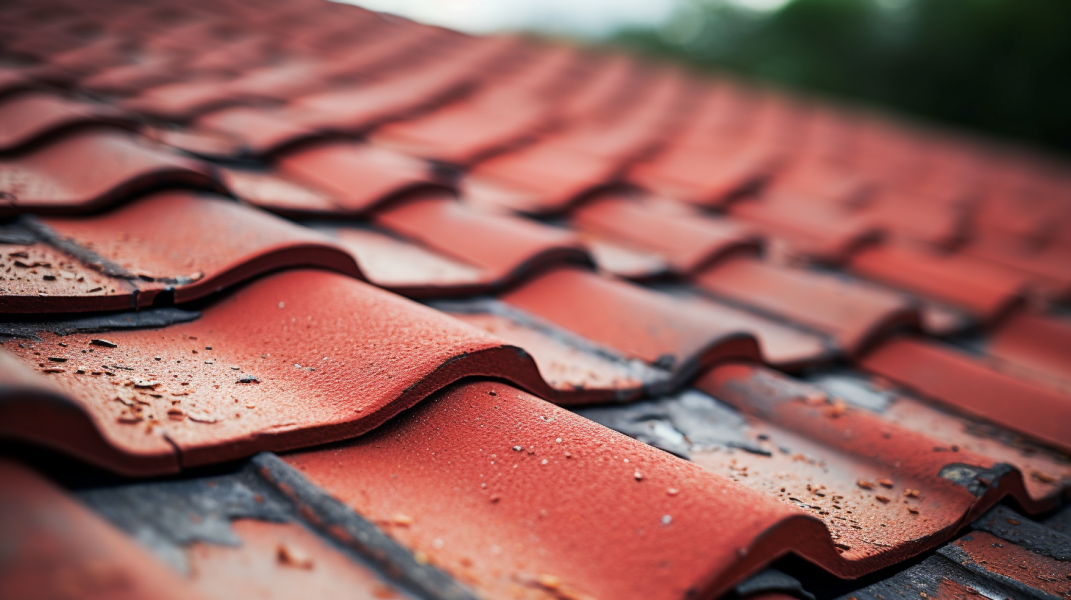 A close up of a red tiled roof.
