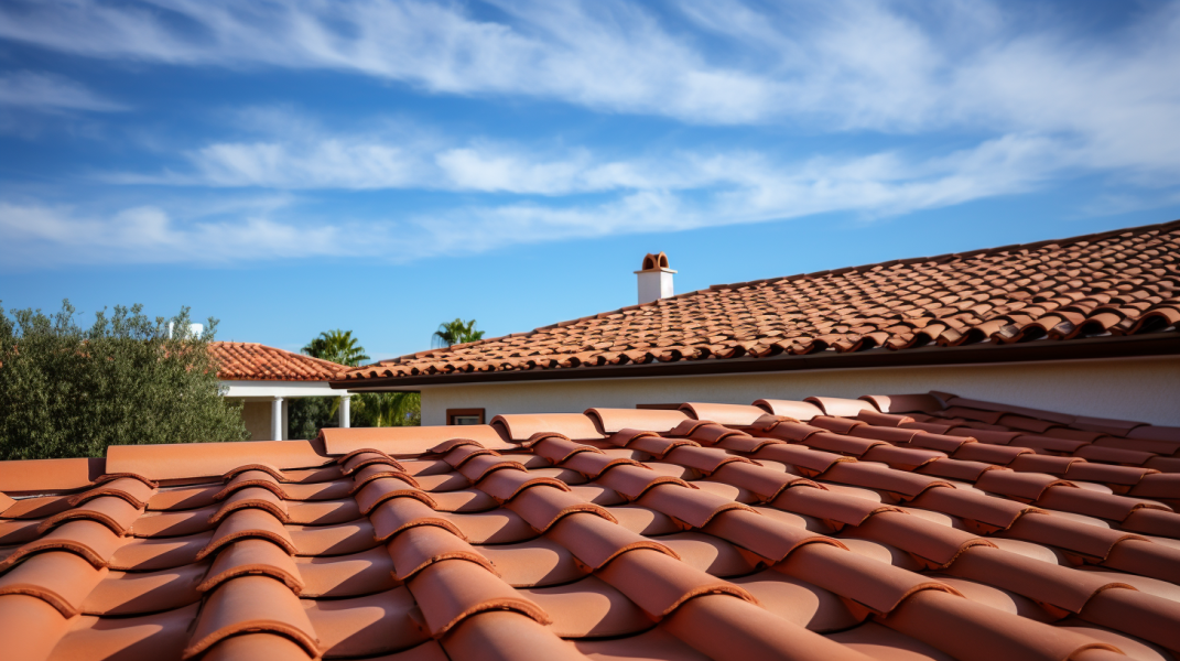 A tiled roof with a blue sky.