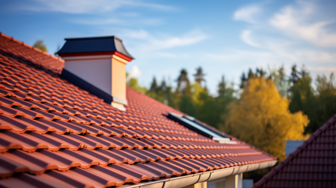 A roof with red tiles and a chimney.