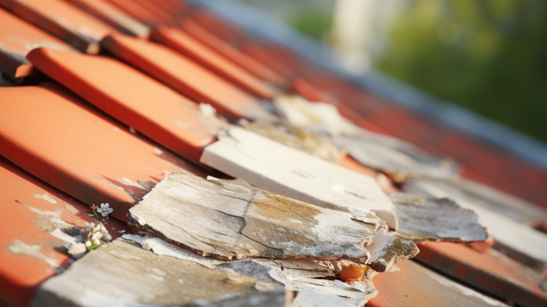 The roof of a house is covered in peeling tiles.