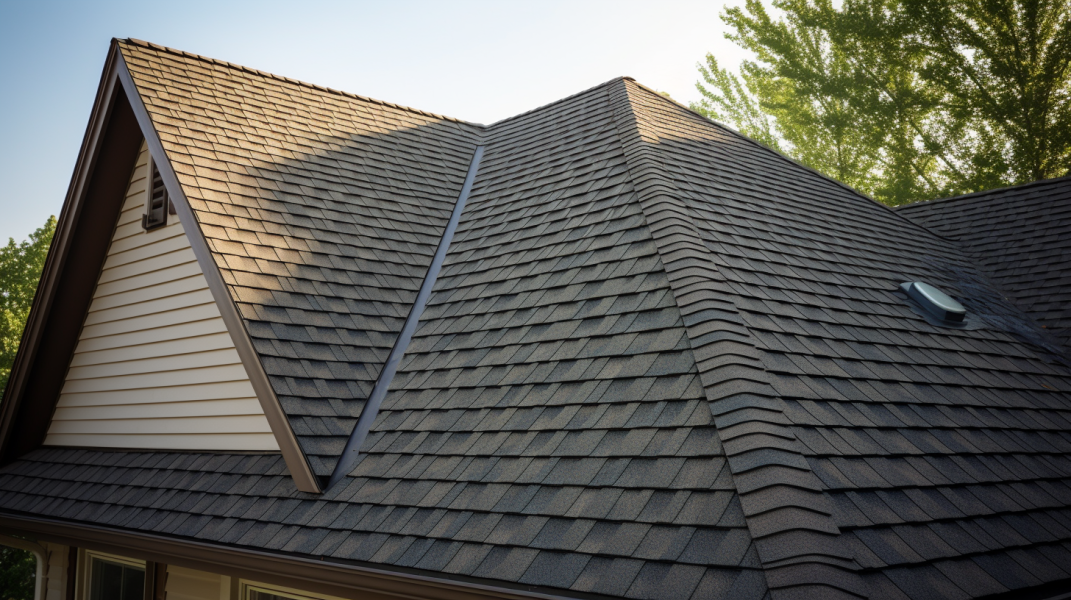 The roof of a house with a brown shingle.