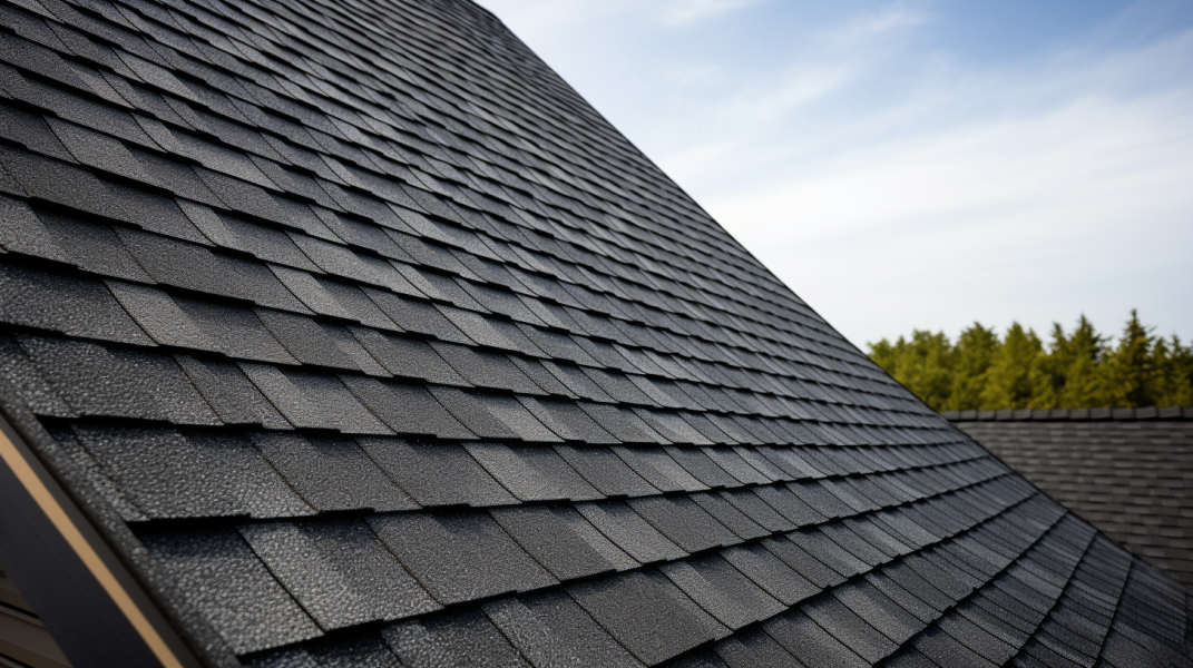 A black shingled roof with trees in the background.