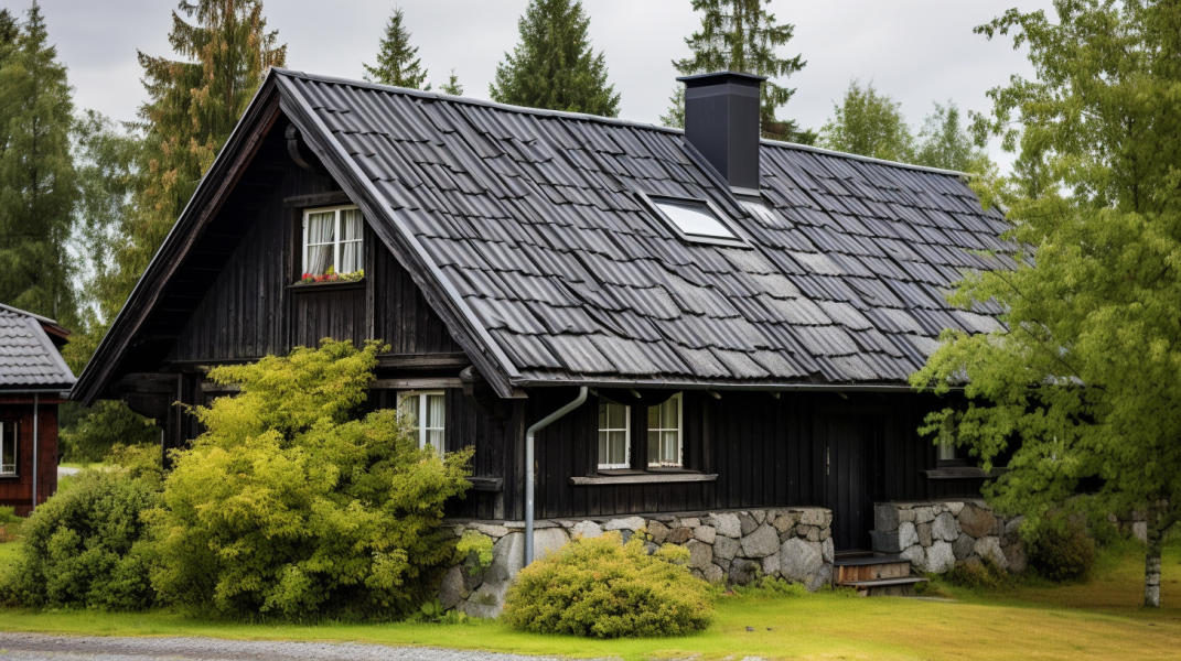 A black wooden house with a black roof.
