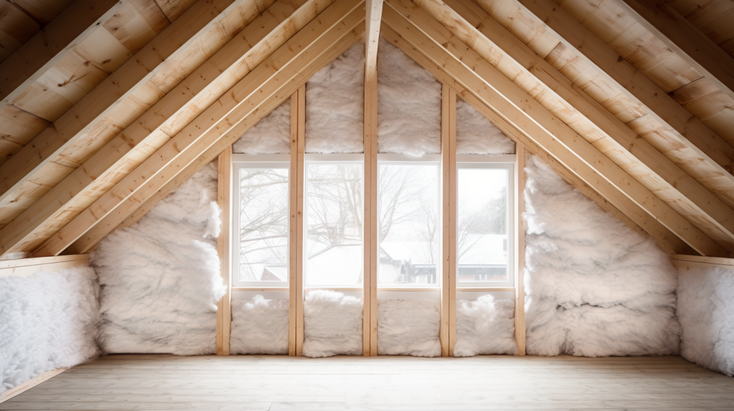 An attic with insulation and a window.