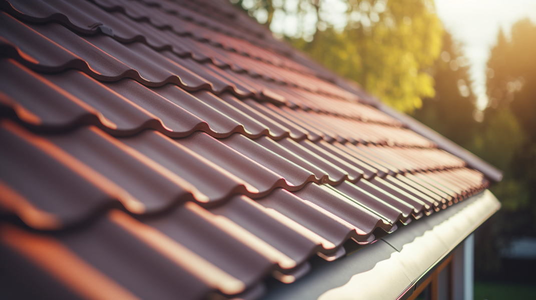 A close up of a roof with a red tile.