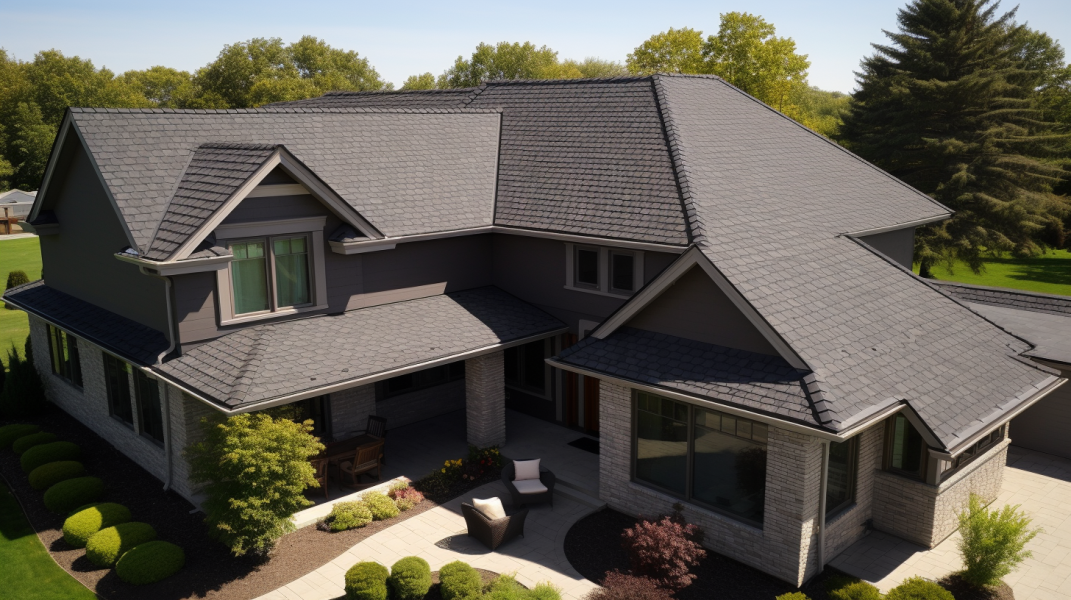 An aerial view of a home with a gray roof.