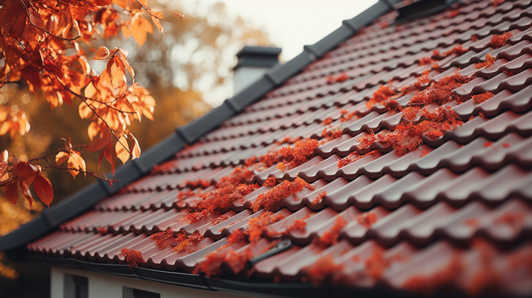A house with red leaves on the roof.