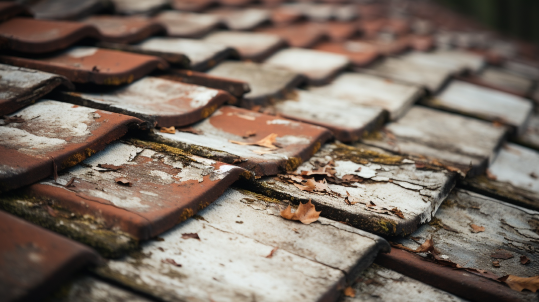 A close up of a tiled roof with leaves on it.