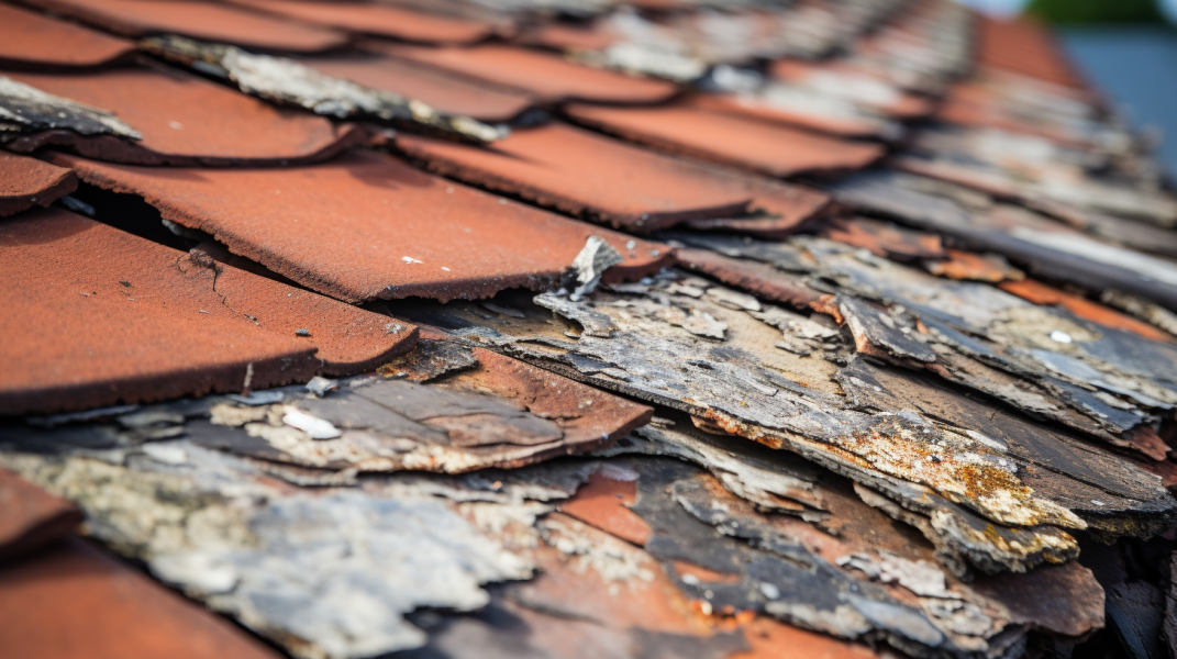 A close up of a roof with peeling tiles.