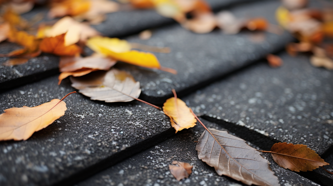 Autumn leaves laying on a roof.