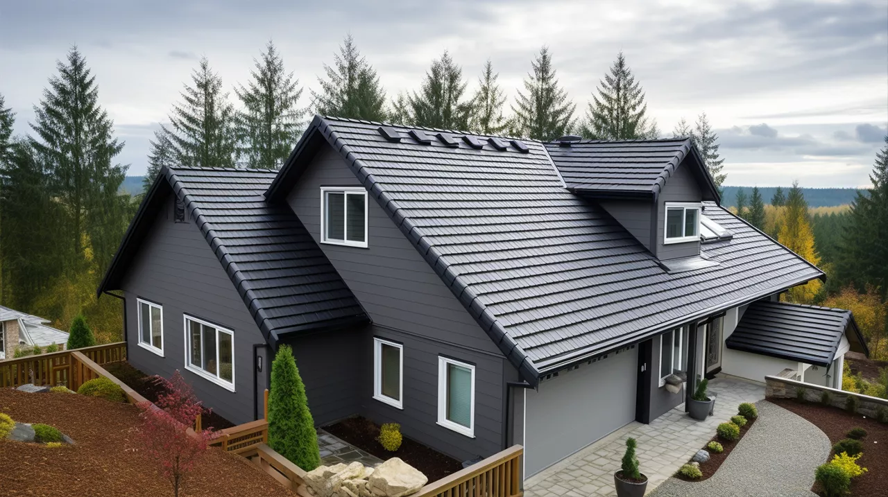 A home with a black metal roof.