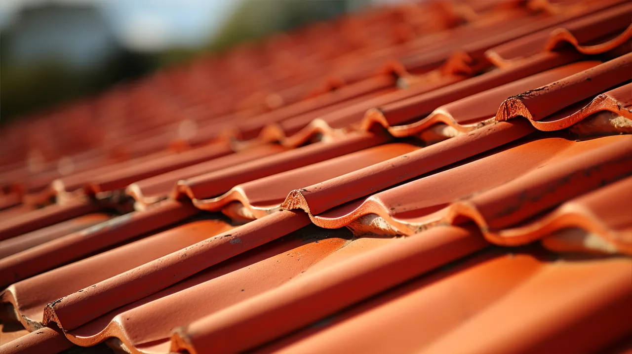 A close up of an orange tiled roof.