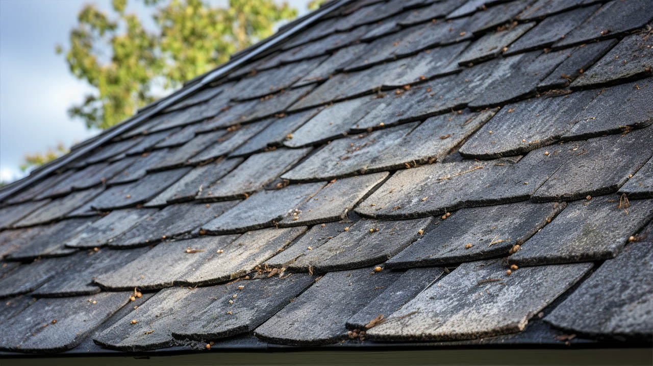 A close up of a shingled roof.
