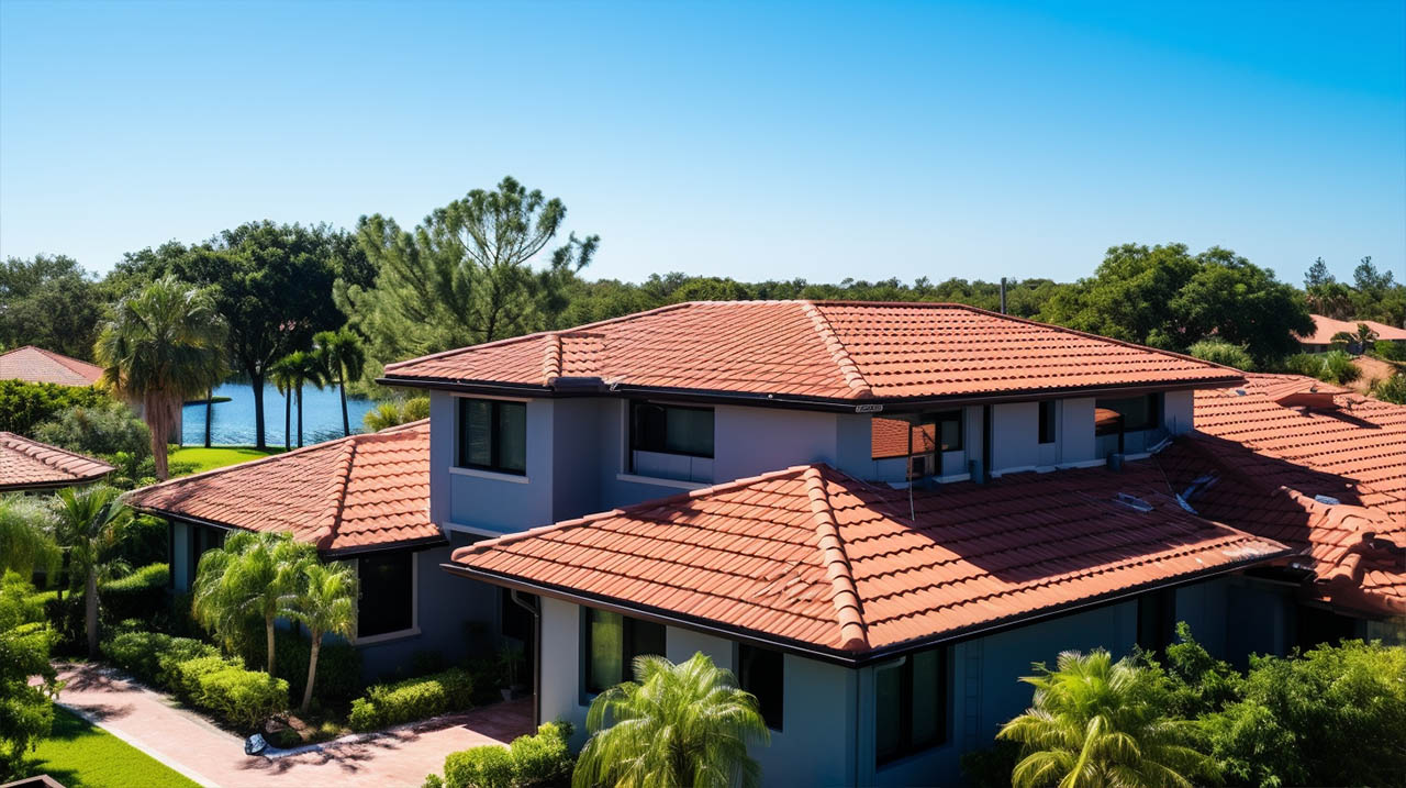 An aerial view of a home with a red tile roof.