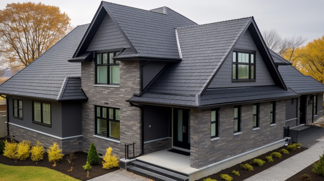 The exterior of a home with a black metal roof.