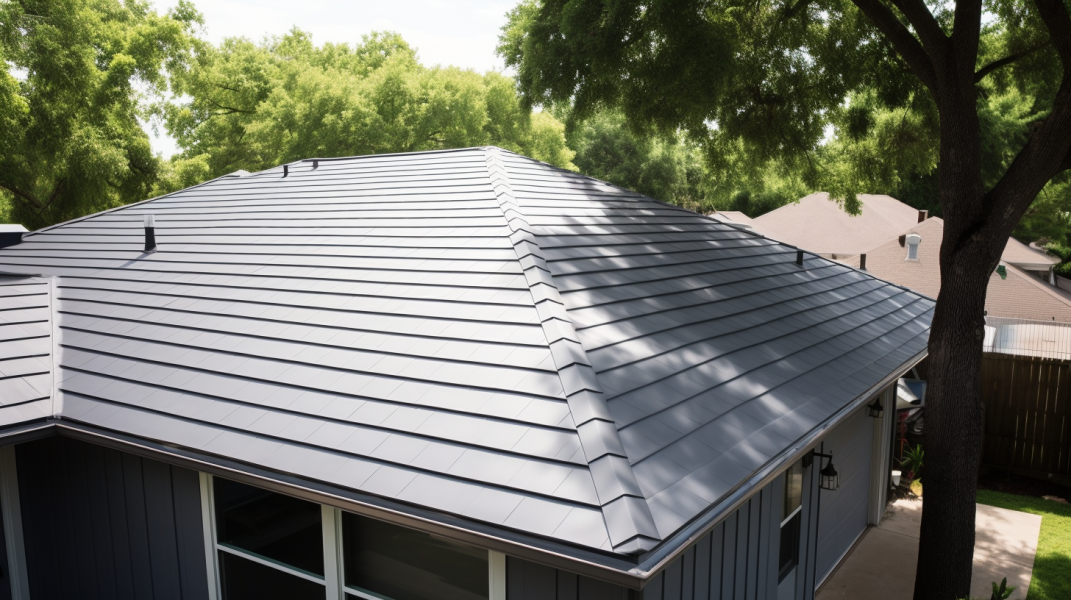 The roof of a home with a gray metal roof.